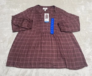 WRANGLER Tunic Top Womens Large Brown Plaid 3/4 Sleeve Blouse NWT - Picture 1 of 9