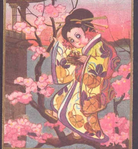 CHIOSTRI...JAPANESE GEISHA CLIMBS CHERRY TREE,TAKES BIRD NEST,ART DECO POSTCARD - Picture 1 of 2
