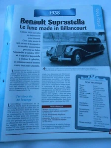 1938 Fiche Carte Auto Renault Suprastella Luxe Billancourt  ABM8 - Imagen 1 de 2