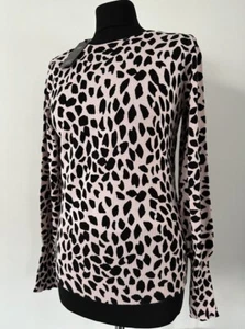 PINK BLACK ANIMAL LEOPARD PRINT CREW NECK THIN KNIT LADIES JUMPER - Picture 1 of 10