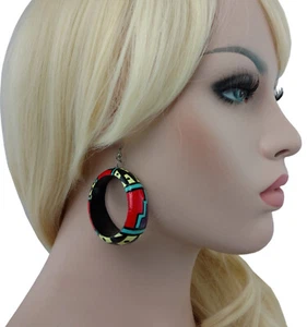 Red Purple Aztec Design Hoop Hand Painted Wood Charm Vintage Pierced Earrings 2" - Picture 1 of 4