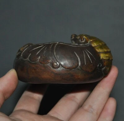 3.4" Antigua China Bronce Dorado Exorcismo Murciélago Pluma Lavado Cenicero Estatua Foto 1 de 4