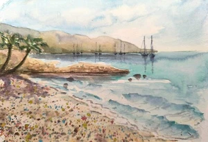 Original Painting Artwork Watercolor Modern Landscape Seascape Abstract Ocean A5 - Picture 1 of 9