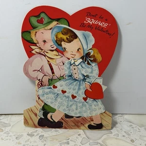 Vintage 1950s Die-Cut Stand-Up Valentine Cowboy & Girl “Don’t Be a Square” - Picture 1 of 4