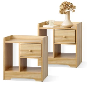 Oikiture Bedside Tables Set of 2 Side Table Nightstand Storage Shelf Natural - Picture 1 of 10