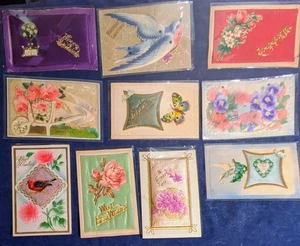 10 Antique Embossed Silk Cutout Applique Pillow Postcards Birthday Best Wishes - Picture 1 of 11