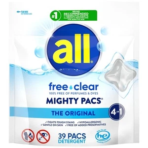 All Mighty Pacs Laundry Detergent Free Clear for Sensitive Skin, Pouch, 39 Count - Picture 1 of 11