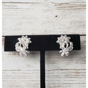 Vintage Screw On Earrings - Silver Tone Flower With Stem & Leaves - Picture 1 of 4