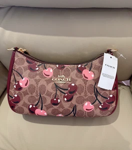 NWT NEW COACH Teri Shoulder Bag Signature Canvas Cherry Print RED Brown - Picture 1 of 10