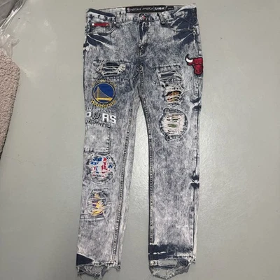 Pantalones de mezclilla NBA UNK Heritage America 40x35 para hombre desgastados parche Y2K ropa de calle Foto 1 de 4