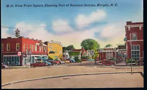 MURPHY NC ~ POSTKARTE LEINEN ~ GESCHÄFTSVIERTEL Geschäfte Autos - Bild 1 von 2