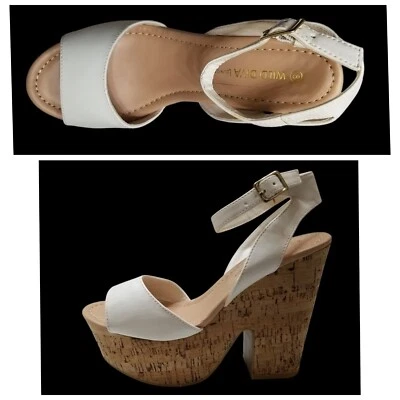 WILD DIVA искусственной кожи ретро пробки с открытым носком платформы 5» коренастый каблук размер 8 белый - Изображение 1 из 4