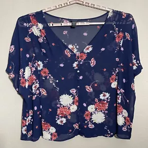 Top donna Torrid con bottoni davanti taglie forti 4 blu floreale trasparente - Foto 1 di 7