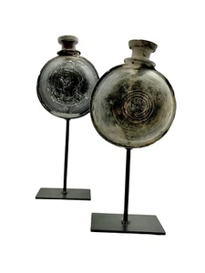 Clay Pot Vase Pair on Metal Stand Vintage Boho Designer Decor - Picture 1 of 10