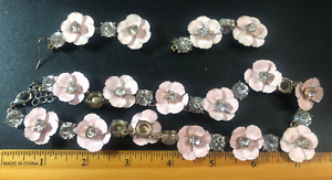 Necklace / earring set vintage - pink flowers rhinestones - gold tone 17 inch