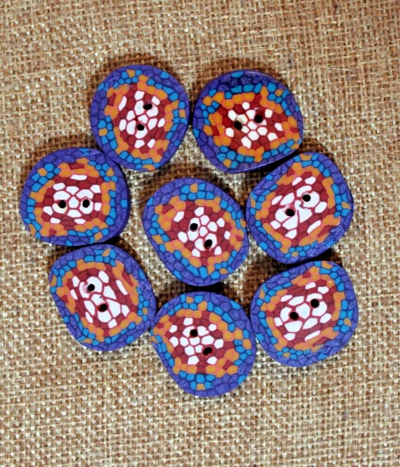 Set of 8 Polymer Fimo Clay Multicolor Abstract Buttons Just Under 1" Across - Image 1 of 3