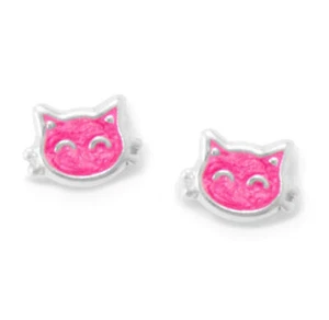 Pink Kitty Cat Face Stud Earrings Sterling Silver with Sparkly Enamel Color - Picture 1 of 1