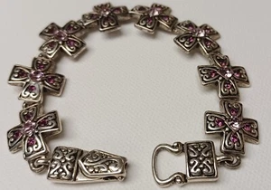 Premier Designs "Marissa", Silver Tone Pink Ornate Cross  Magnetic Bracelet 7.5" - Picture 1 of 13