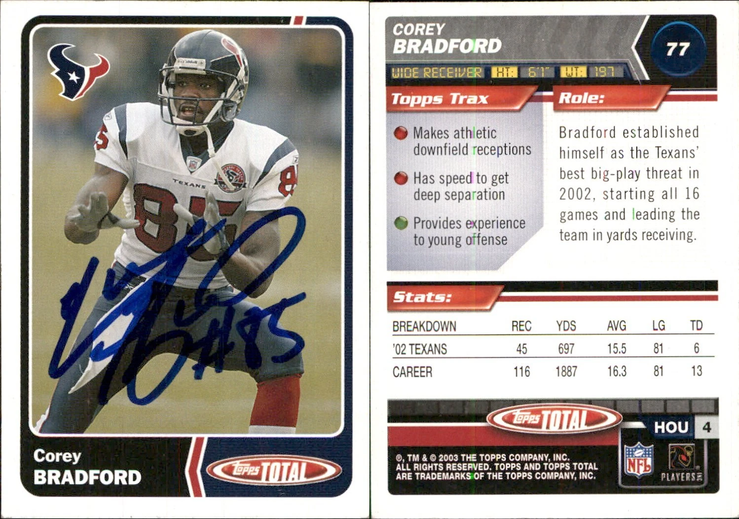 Corey Bradford Signed 2003 Topps Total #77 Card Houston Texans Auto AU