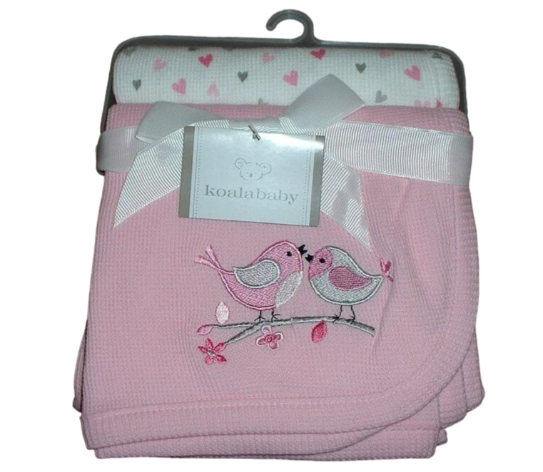 Manta de recepción de bebé Koala 2 piezas algodón térmico rosa blanco gris corazón de pájaro nueva con etiquetas Foto 1 de 3