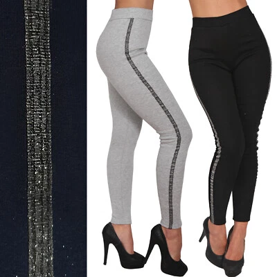 Leggings Hose Thermo Glitzer Samt Streifen breiter Bund Leggings Treggings 34 36 - Bild 1 von 4