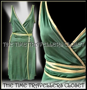 Rare Kate Moss Green Gold Grecian Wrap Midi Dress Vintage 70s Studio 54 UK 6 34 - Picture 1 of 7
