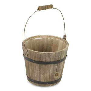 Brown Wooden Farmhouse Style Bucket Planter with Handle Dia: 7.75" X Base: 6" H: - Picture 1 of 4