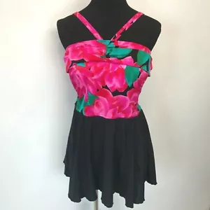 Costume da bagno vintage Roxanne taglia L reggiseno taglia 38 rosa con gonna nera Union USA BR - Foto 1 di 8