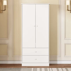 Kleiderschrank Mehrzweckschrank 2-türig mit Kleiderstange und 2 Schubladen Weiß - Bild 1 von 13