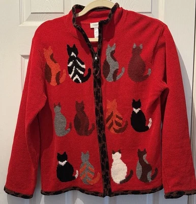 Coldwater Creek Cat Cardigan Sweater Red Chenille Full Zip - Image 1 of 4