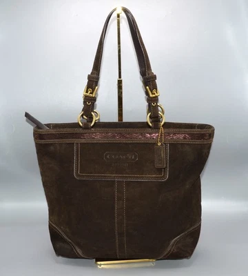 COACH 10442 Signature Suede Leather Tote Bag Brown Shoulder Beaded Trim Vintage - Image 1 of 4