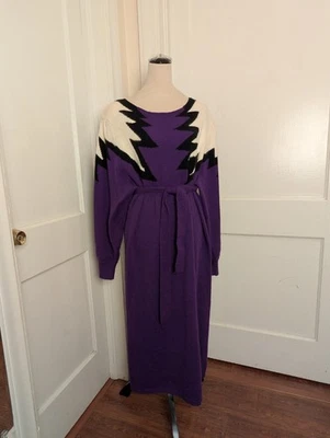 Vintage Diana Marco 'New Wave' 80s Midi Sweater Dress-Wool/Angora-Purple-Sz 2X - Image 1 of 4
