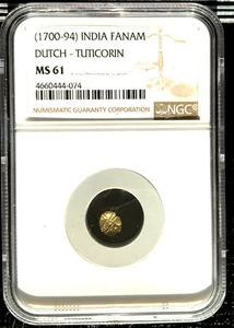 1700 - 1794 Indien Gold Fanam Münze, Dutch-Tuticorin, NGC MS 61, 074 - Bild 1 von 2