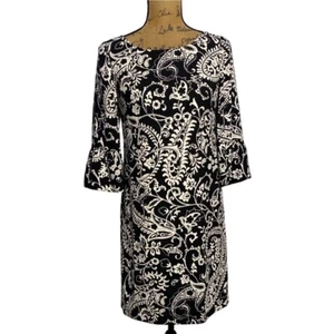 Talbots Dress 2P Black White Floral Paisley Ruffle Cuff Elbow Sl Classy Career - Picture 1 of 7