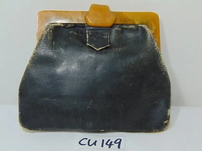 FLAPPER ANTIGUO AÑOS 20? BOLSO DE MANO BOLSO CLUTCH CUERO NEGRO CON CIERRE DE BAQUELITA  Foto 1 de 4