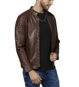 Leather Jacket Biker Men's Motorcycle Real Men Racer Skin Soft Vintage Brown 41 - Picture 1 of 5