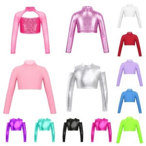 Kids Girls Shiny Metallic Modern Latin Jazz Dance Crop Top Shirts Performance - Picture 1 of 143