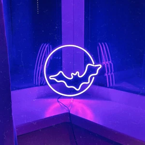 LED Bat and Moon Neon Light Sign Dimmable Restaurant Shop Halloween Wall Decor - Picture 1 of 7