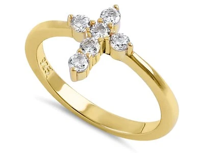 Anillo Cruz 6 Circonitas Transparentes, Plata de Ley 925 Estampada/Oro Rodio Chapado Punta Foto 1 de 3