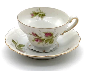 Mini taza de té y platillo de colección Meiko China Japón rosas rosa adorno dorado - Imagen 1 de 6