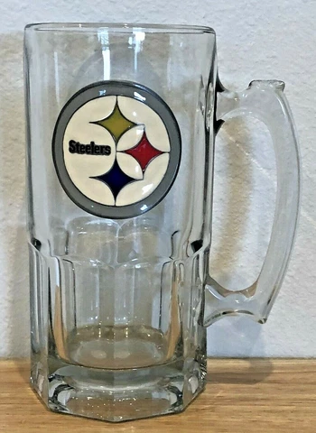 BEAUTIFUL HEAVY PITTSBURGH STEELERS EMBOSSED 8" GLASS BEER MUG STEIN Cover