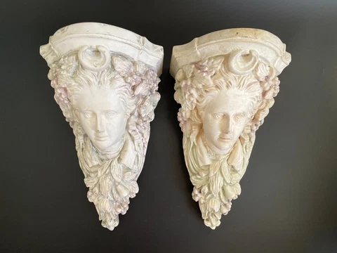 Pair Vintage Italian Neoclassical Maiden Plaster Corbels Wall Shelf Brackets Cover