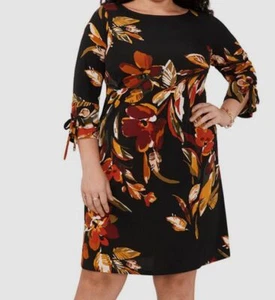 Msk Women's Black 3/4 Sleeve Grommet Trim Floral Shift Dress Plus Size 3X - Picture 1 of 2