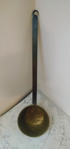 Antique Vintage Brass Ladle w/Wrought Iron Handle Farmhouse Decor Cover