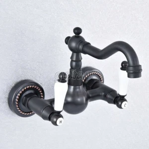 Oil Rubbed Bronze Bathroom Basin Sink Faucet Dual Handles Mixer Tap Wall Mount - Picture 1 of 7