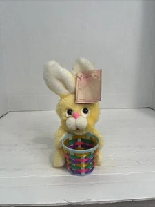 Vintage 80s Bunny Rabbit Plush Holding Easter Basket Colorful Woven 7" Peach - Picture 1 of 9