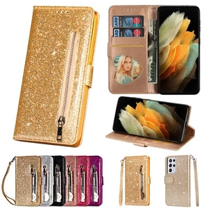 Custodia portafoglio pelle glitter zip flip cover per Samsung S25 Edge/S25+/S24+ Ultra - Foto 1 di 18