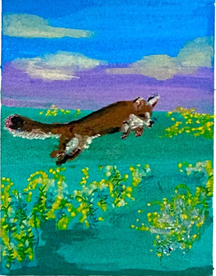 aceo pintura original zorro caza en las varas de oro Foto 1 de 1