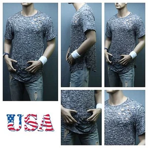 Mens Long T-Shirt Extended Ripped Shirt Vintage Thrasher Urban Crew Charcoal - Picture 1 of 1
