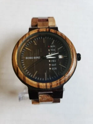 ✅Reloj de cuarzo de madera cebra con pantalla multifuncional BOBO BIRD semana y fecha para hombre Foto 1 de 4